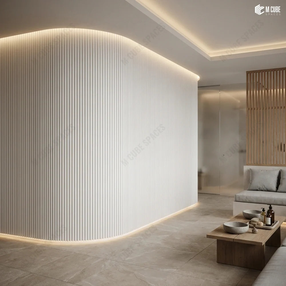 MLV-UME-103 premium flexible louvers with HDHMR backing and PVC finish, architectural interior inspiration showing decorative fluted wall panel installation