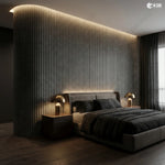 MLV-UME-106 premium flexible louver panel with HDHMR backing and PVC finish used for moody modern bedroom headboard wall interior design inspiration