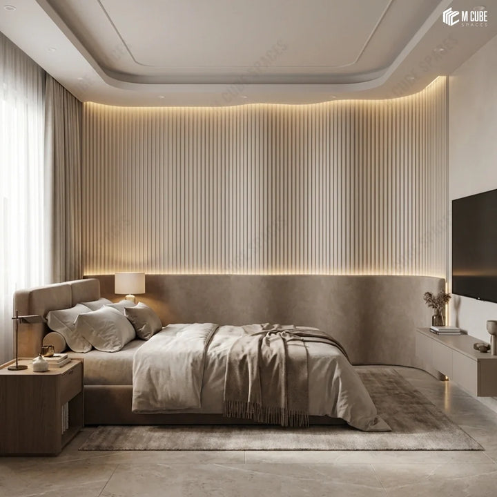 MLV-UME-109 premium flexible louver panel with HDHMR backing and PVC finish used for luxury hotel bedroom accent wall interior design inspiration