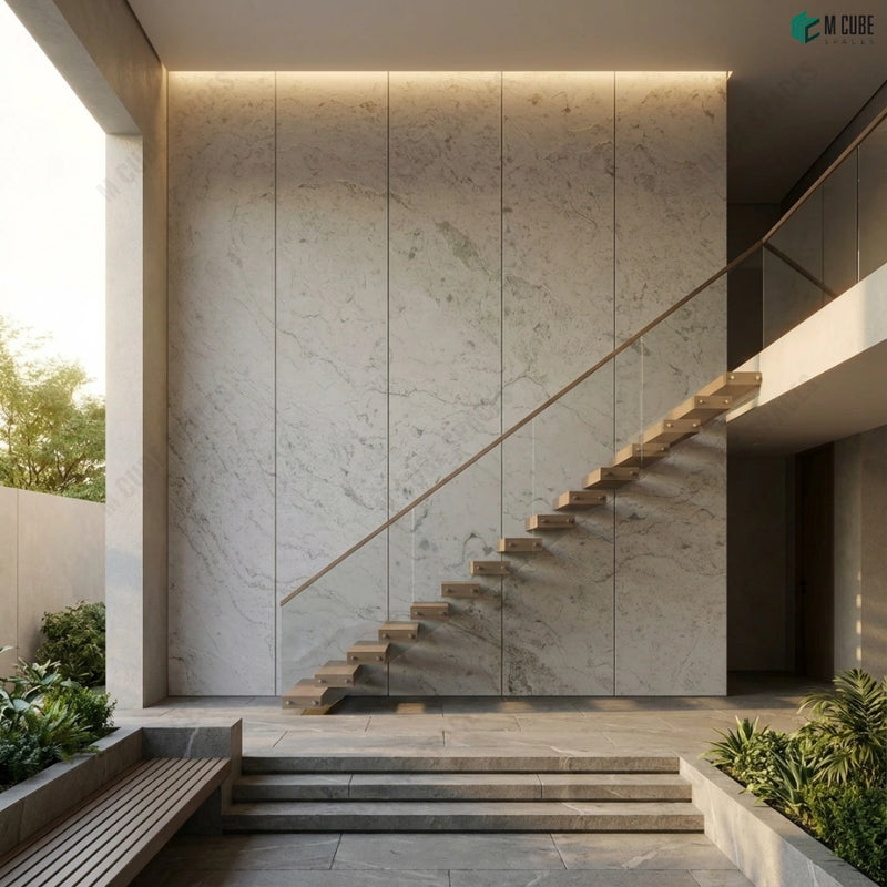 Classical Residential Courtyard Wall finished in Verde Chiara Marble Stone Veneer