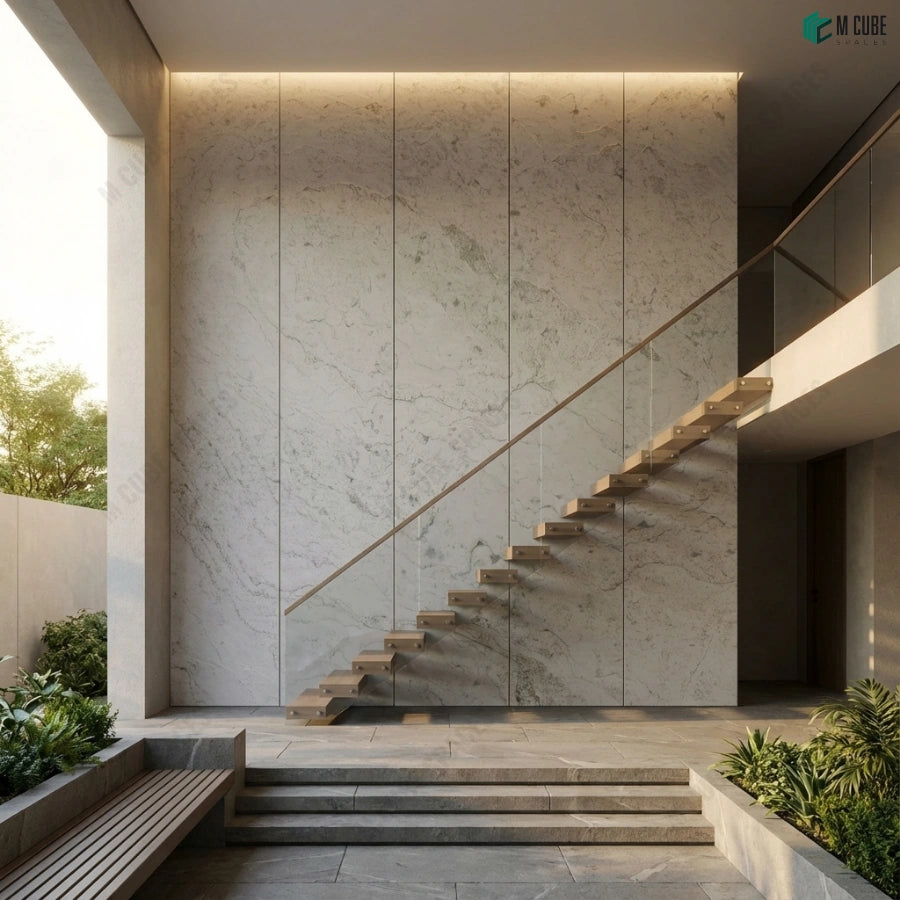 Classical Residential Courtyard Wall finished in Verde Chiara Marble Stone Veneer