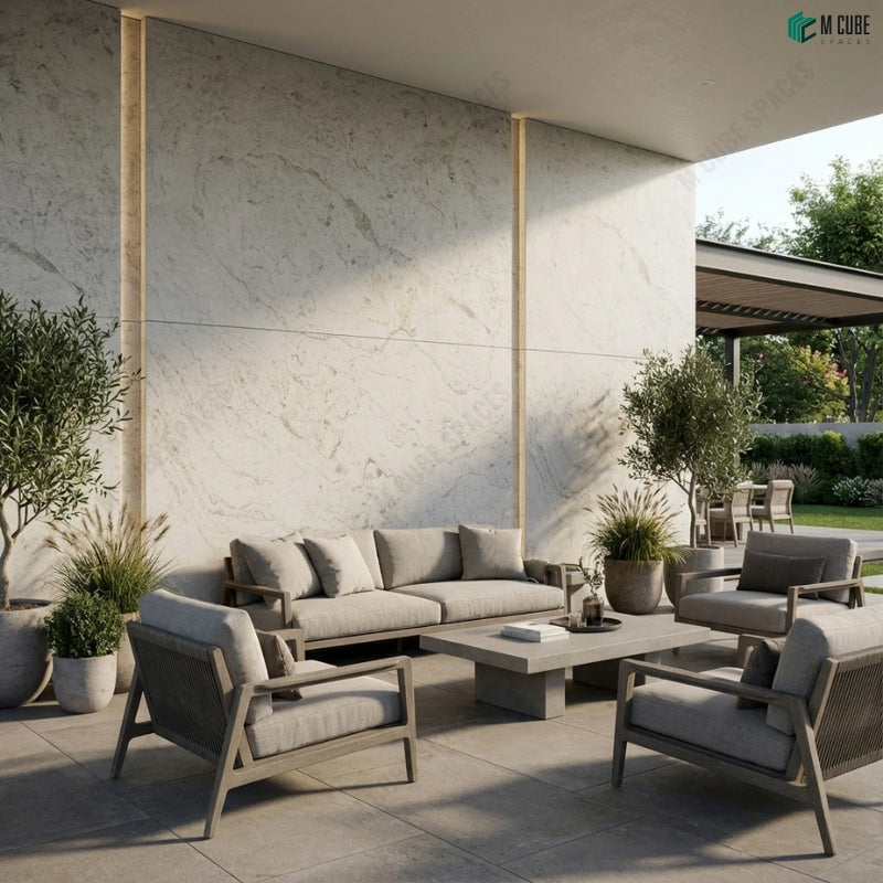Outdoor Patio Feature Wall with Verde Chiara Marble Stone Veneer