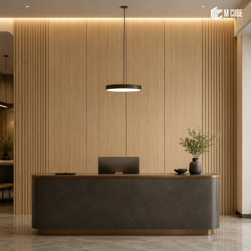 Architectural lobby accent wall using wallfit wooden finish decorative wall panels and louvers - Commercial interior inspiration
