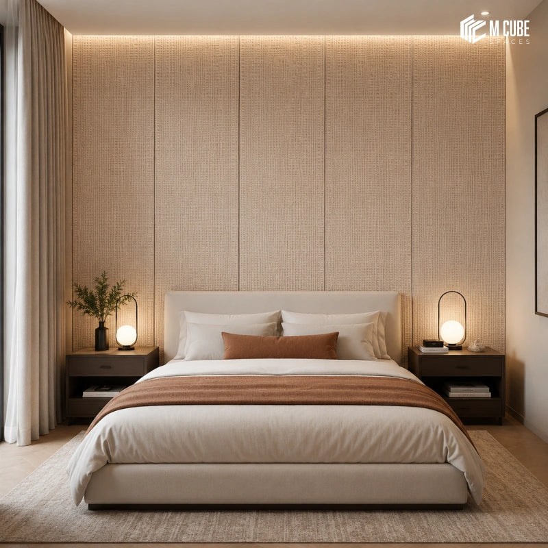 Scandinavian Style Bedroom Feature Wall with WallFit Wooden Finish Panels and Louvers