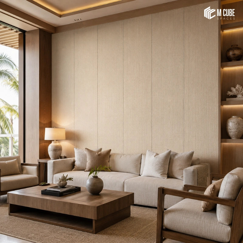 Natural Wood Tone Feature Wall with WallFit Textured Interior Panels in a Modern Resort