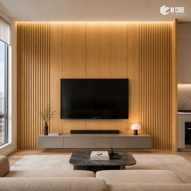Luxury Apartment TV Feature Wall Using WallFit Sustainable Panels and Louvers in Wooden Finish