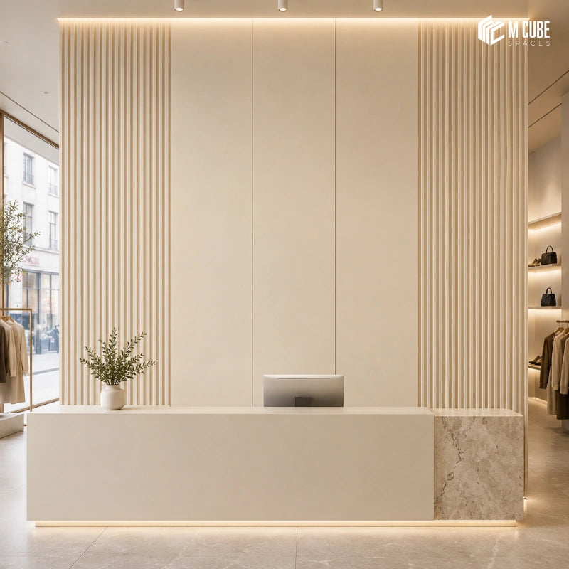 Minimal Luxury Retail Reception Wall Using Sustainable WallFit Beige Fluted Panels and Boards