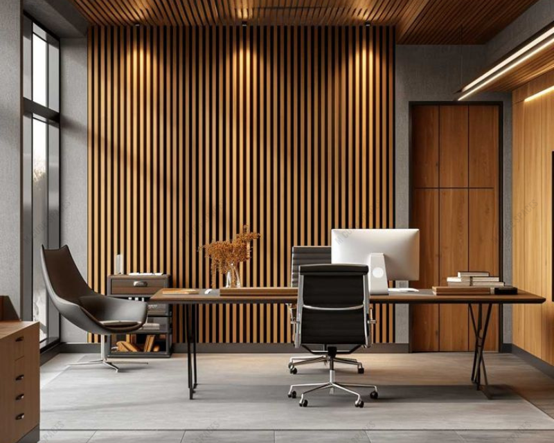 Warm natural wooden slat cladding in contemporary office interior