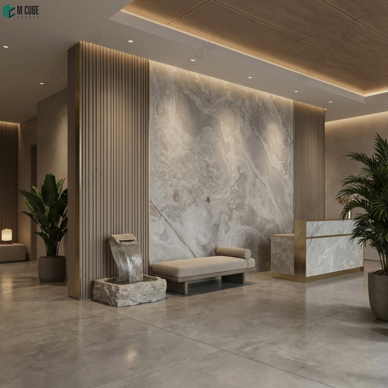 Luxury Spa Reception Desk Featuring White Dunes Marble Stone Veneer