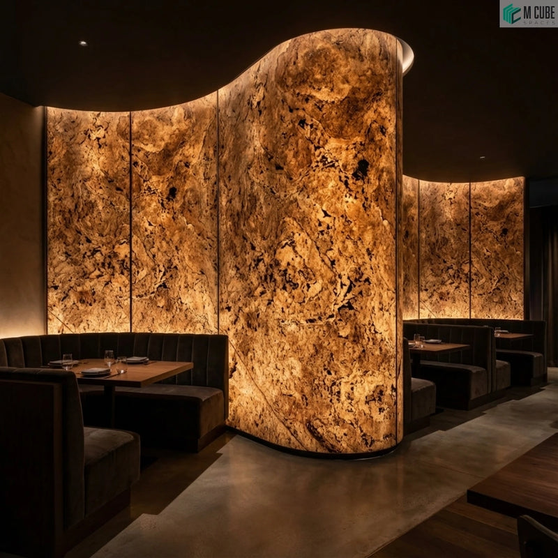 Curved Restaurant Feature Wall using White Dunes Marble Stone Veneer