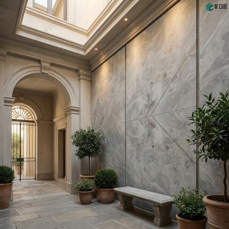 Classical Residential Courtyard Corridor finished in White Dunes Marble Stone Veneer