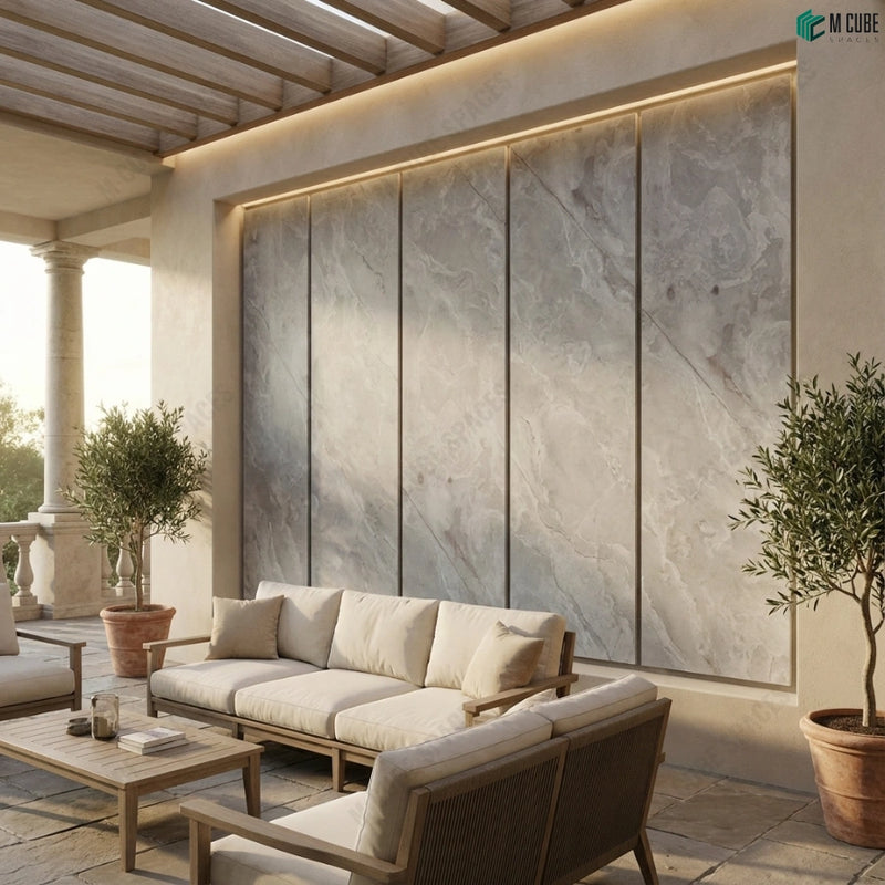 Open-to-Sky Residential Terrace Feature Wall using White Dunes Marble Stone Veneer