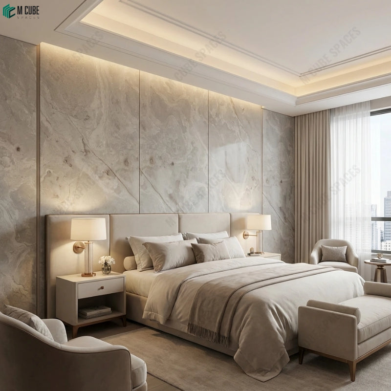 Neo Classical Bedroom Feature Wall finished in White Dunes Marble Stone Veneer