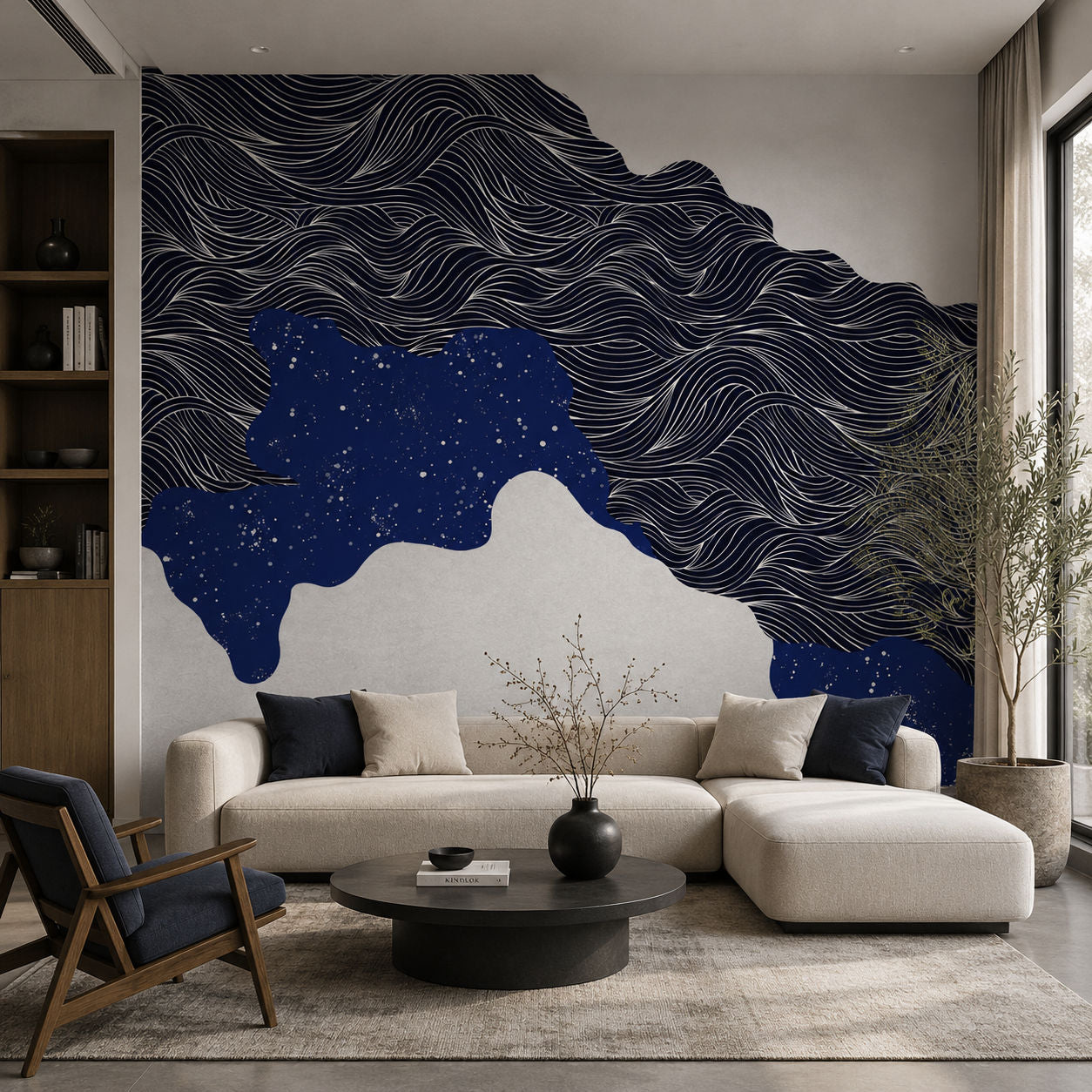 Celestial Currents (Indigo) Abstract wallpaper design view 2 | MWA-LWZ-366