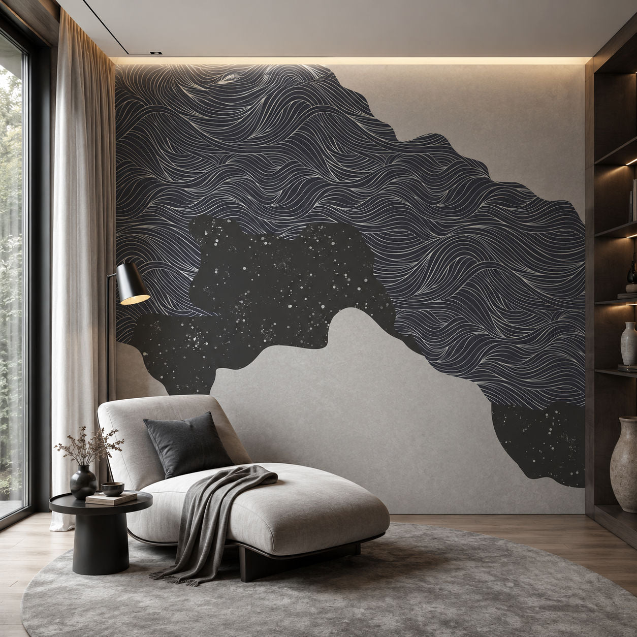 Celestial Currents (Charcoal) Abstract wallpaper design view 2 | MWA-LWZ-365