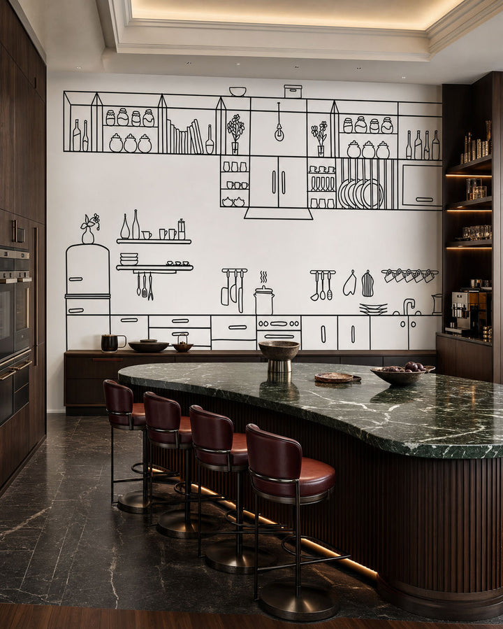Culinary Lines (Black and White) Decorative Objects wallpaper design view 2 | MWA-LWZ-314
