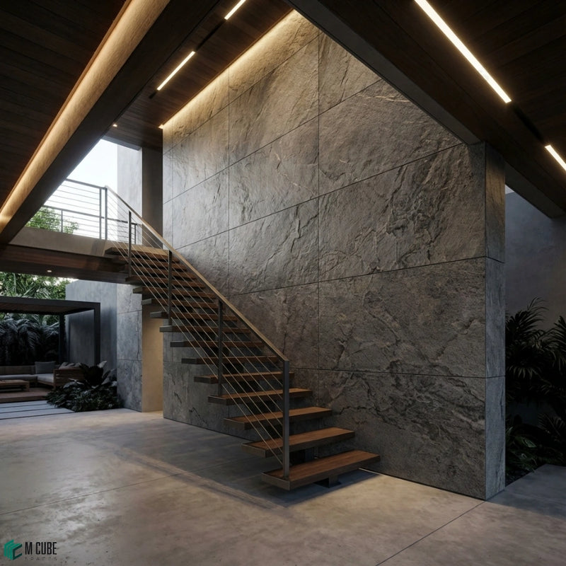 Double-Height Staircase Feature Wall finished in Zee Rock Stone Veneer