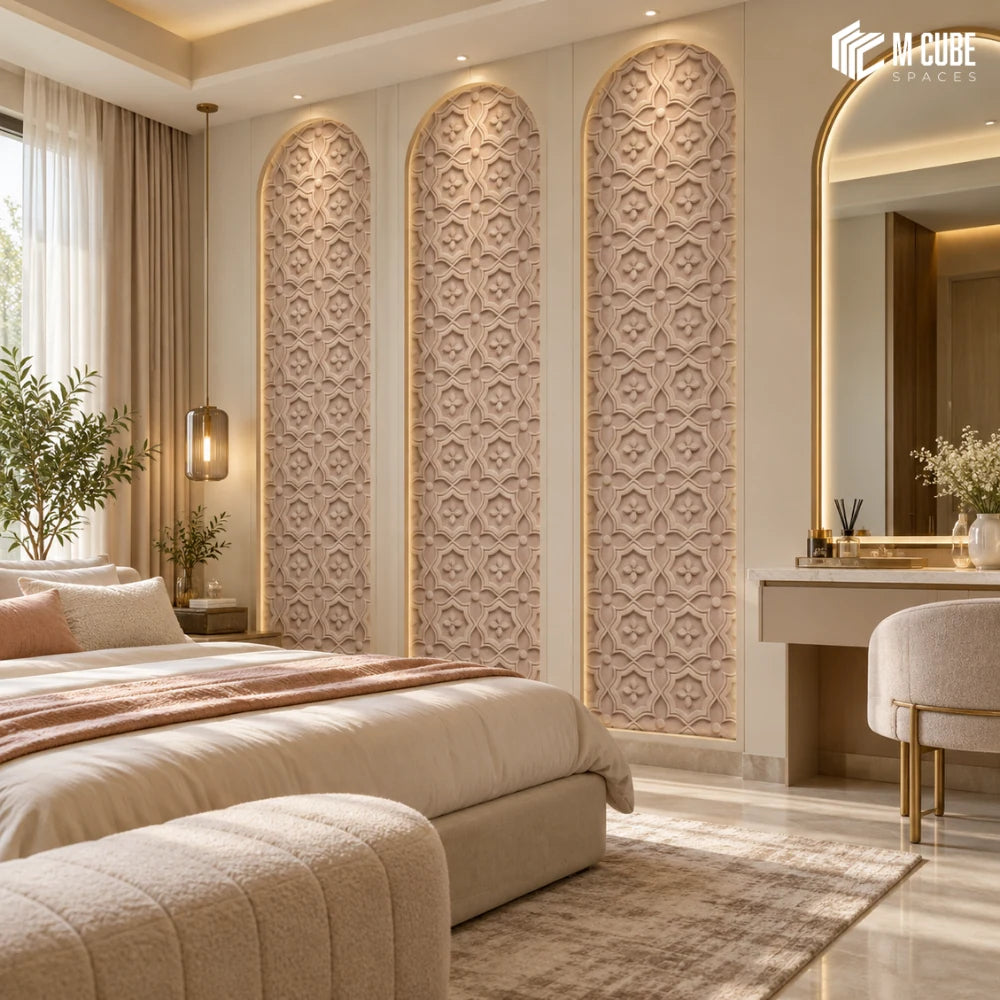 Intricate arched decorative wall for a serene luxury bedroom - Bedroom interior inspiration