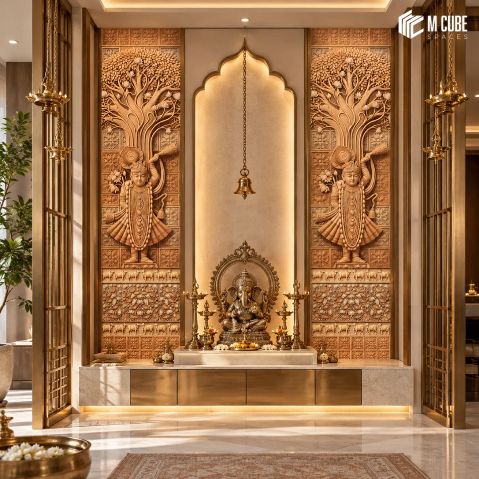 Aakar Traditional Wall Panel Backdrop for an Elegant Traditional Pooja Room - Living inspiration