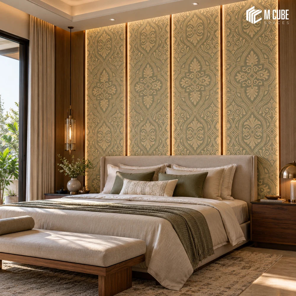 Golden ornamental headboard wall for a luxury bedroom - Bedroom interior inspiration