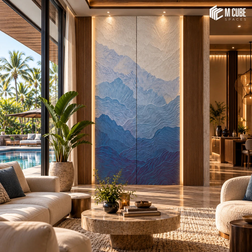 Layered Blue Topographic Feature Wall for Luxury Resort Lounge - Living inspiration