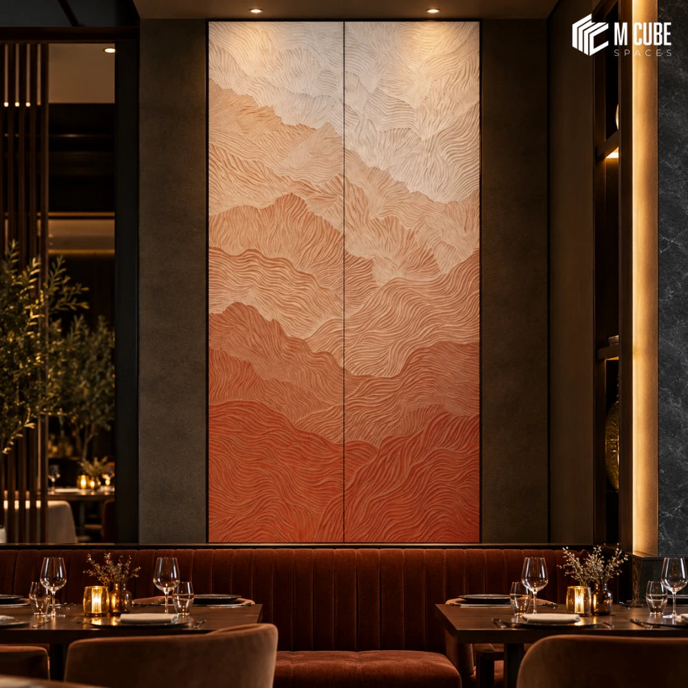 Terracotta topographic statement wall for luxury restaurant - Commercial interior inspiration