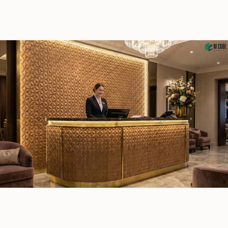 Sculpted 3D Wood Veneer Reception Wall for Luxury Hospitality Spaces