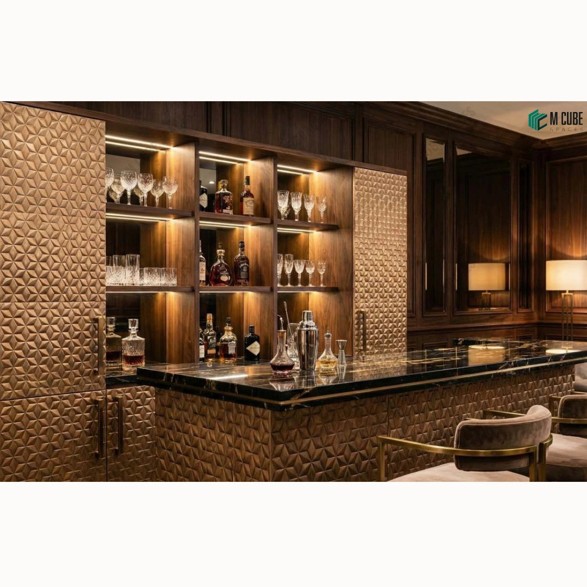 3d wood veneer bar counter and backdrop for private luxury lounges - Commercial interior inspiration