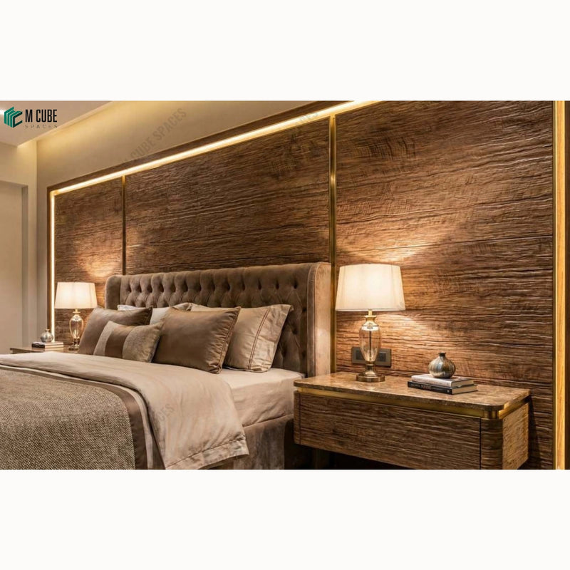 Cask 3D Veneer Bedroom Feature Wall with Warm Backlighting