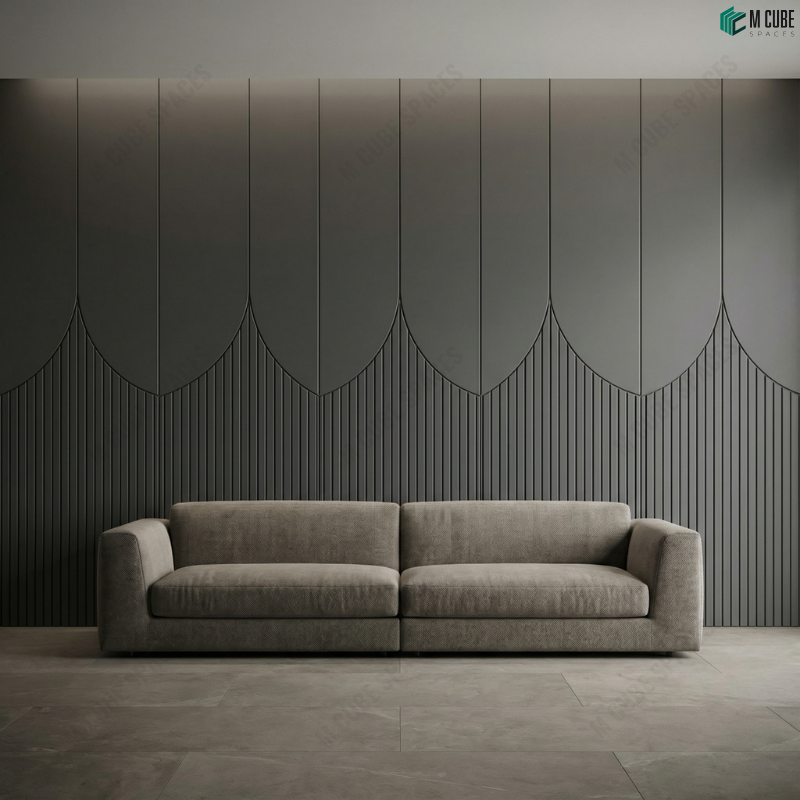 Minimal Grey Living Room with Linear Ceramic Wall Panel Design
