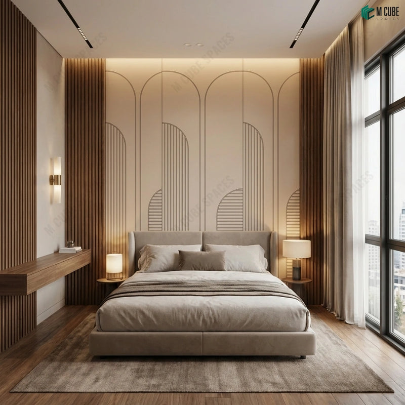 Luxury Bedroom Feature Wall  Panel with Arched Flow Motifs
