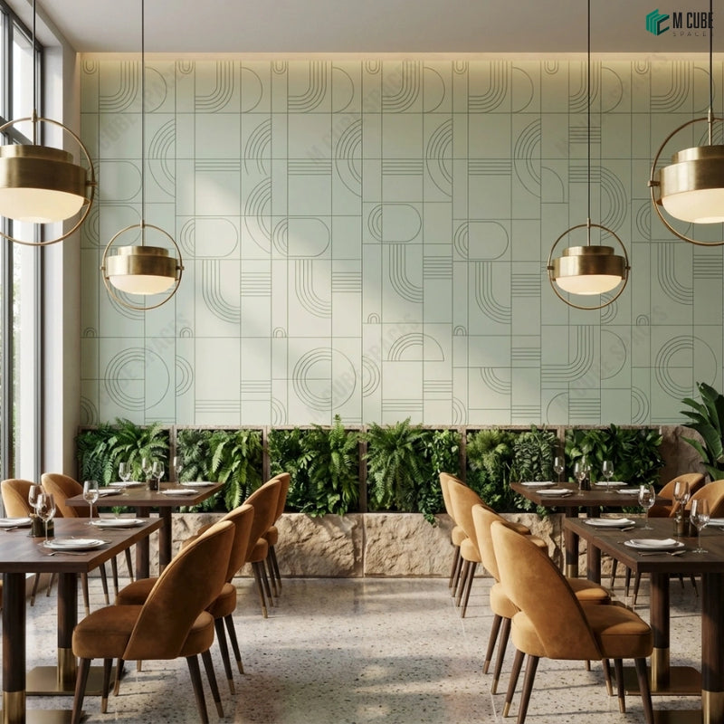 Biophilic Dining Space featuring Sage Green Ceramic Flow Wall Panel
