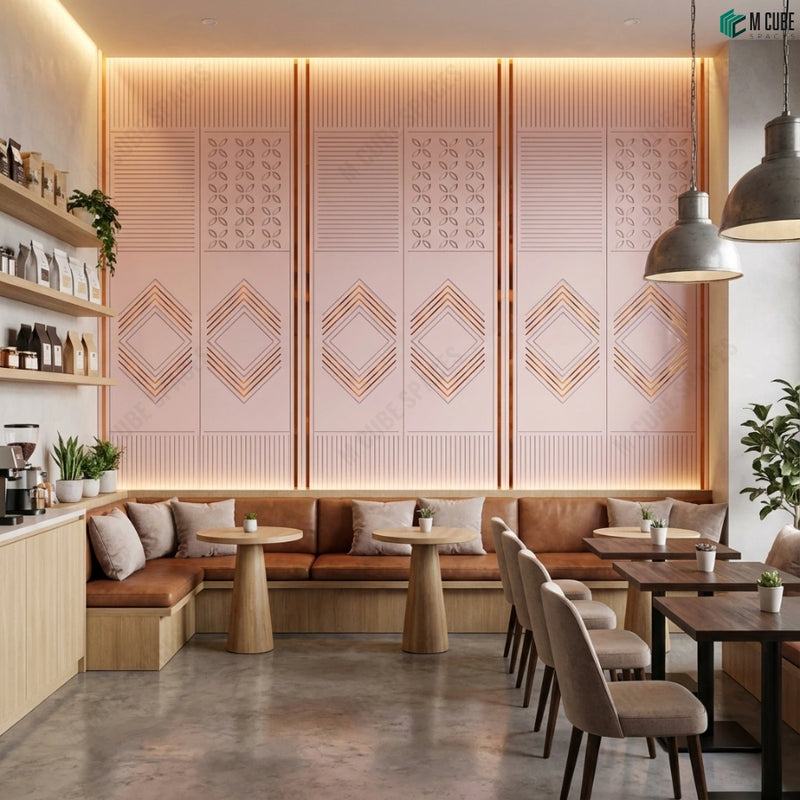Café Interior with Soft-Tone Ceramic Luxe Panels