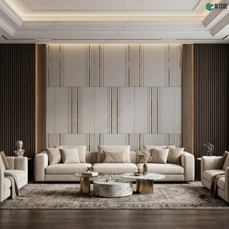 Luxury Living Room Feature Wall with Ceramic Luxe Panels and Wooden Louvers