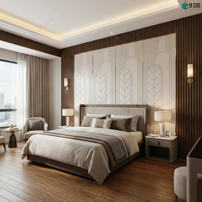 Luxury Bedroom Feature Wall with White Ceramic Luxe Panels and Dark Wood Louvers
