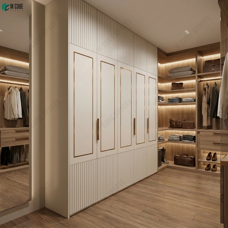 Contemporary Wardrobe in Bedroom with Linear Ceramic Luxe Panel Design
