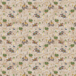 Patterned laminate with horses, riders, and trees on a beige background for modern, soft and warm interiors in Bengaluru.