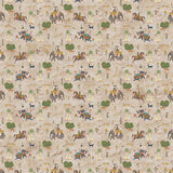 Patterned laminate with horses, riders, and trees on a beige background for modern, soft and warm interiors in Bengaluru.
