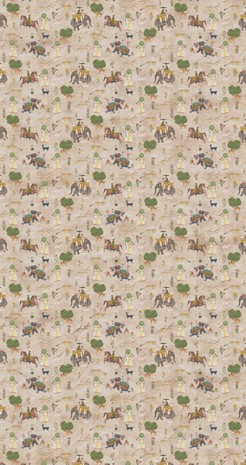 Patterned laminate with horses, riders, and trees on a beige background for modern, soft and warm interiors in Bengaluru.