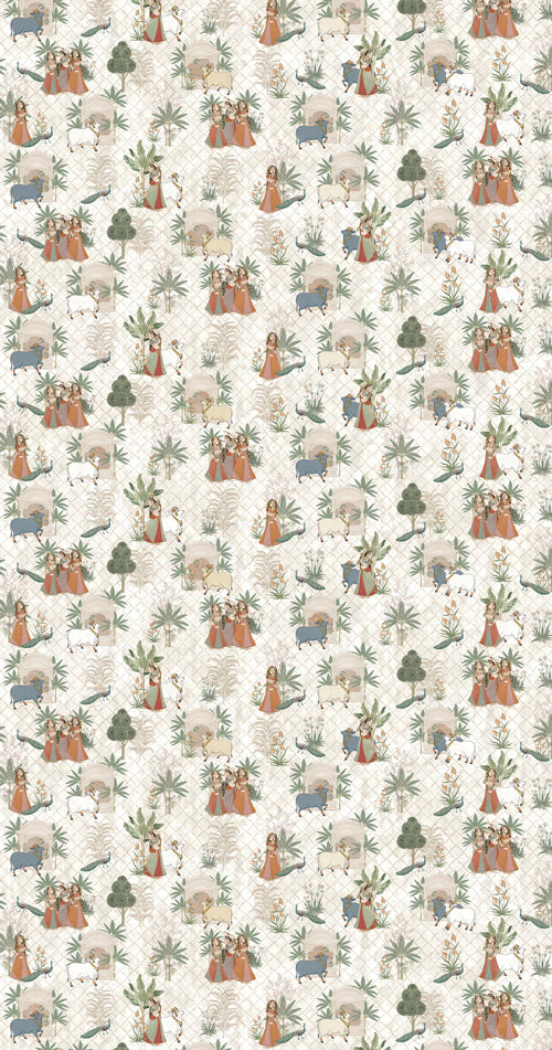 Patterned digital laminate with small illustrations of humans, animals and plants on a light background for warm and soft contemporary interiors in Bengaluru.