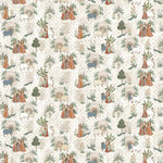 Patterned digital laminate with small illustrations of humans, animals and plants on a light background for warm and soft contemporary interiors in Bengaluru.