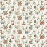 Patterned digital laminate with small illustrations of humans, animals and plants on a light background for warm and soft contemporary interiors in Bengaluru.