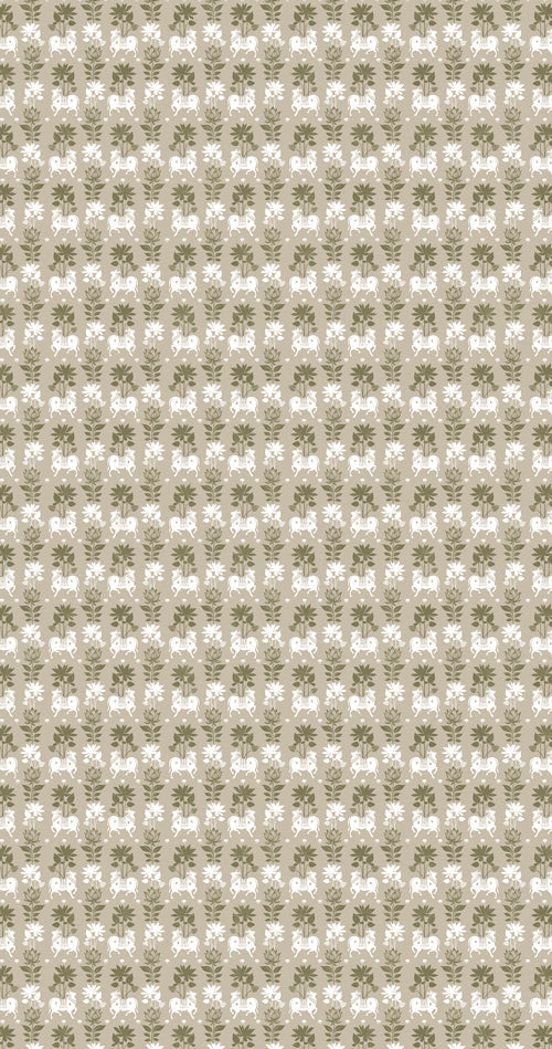 Laminate with textured fabric pattern with a grid-like structure in green, beige and white.