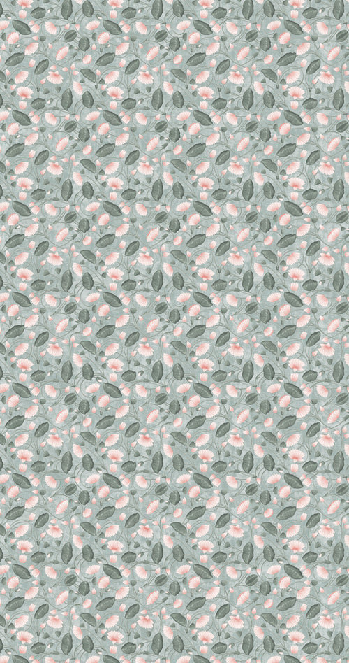 Floral patterned digital laminate with small pink flowers and green leaves on a light blue background, for soft contemporary interiors in Bengaluru.