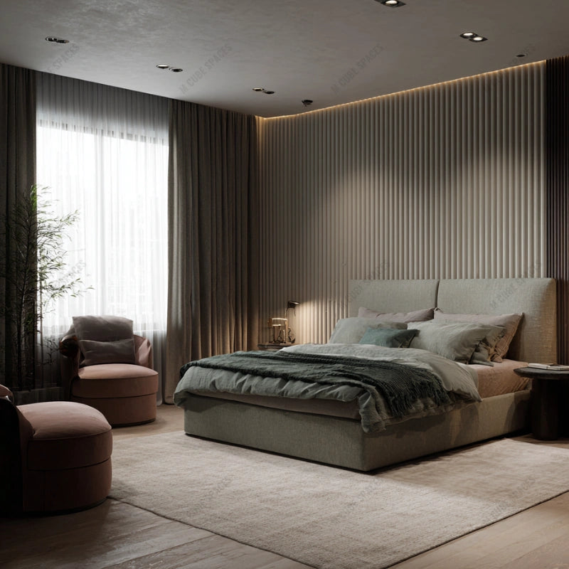 Scandinavian Bedroom with  Flexible Fluted Panels and Revolving Lounge Chair