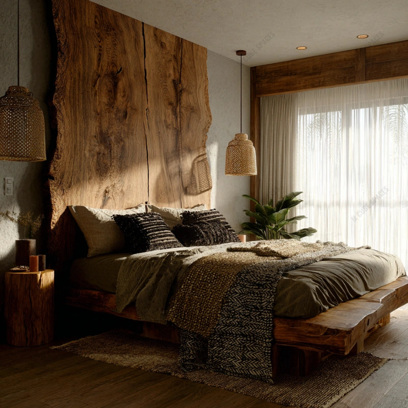 Contemporary bedroom with live log bedback - Bedroom interior inspiration