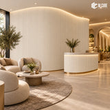 MLV-UME-135 flexible PVC finish louver panel on curved fluted feature wall in luxury residential lounge, 6 mm HDHMR-backed interior cladding