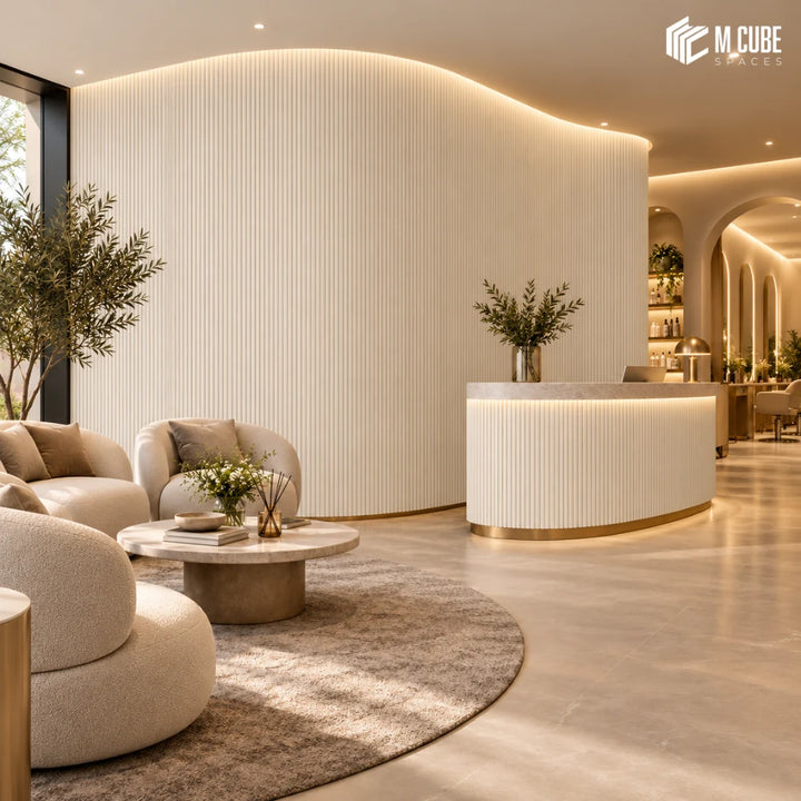 MLV-UME-135 flexible PVC finish louver panel on curved fluted feature wall in luxury residential lounge, 6 mm HDHMR-backed interior cladding