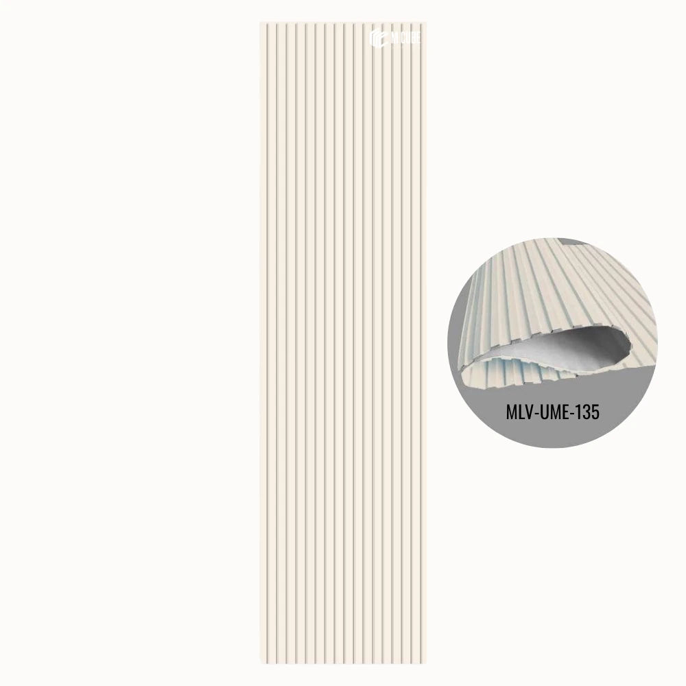 MLV-UME-135 premium flexible fluted wall panel, HDHMR backing and PVC finish, 6 mm bendable decorative louvers for curved interior walls and columns