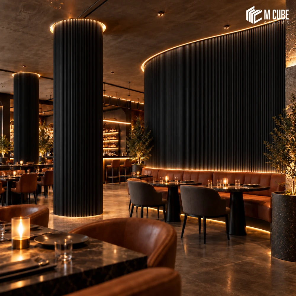 MLV-UME-136 flexible PVC finish louver panel on curved fluted feature wall in restopub, 6 mm HDHMR-backed interior cladding